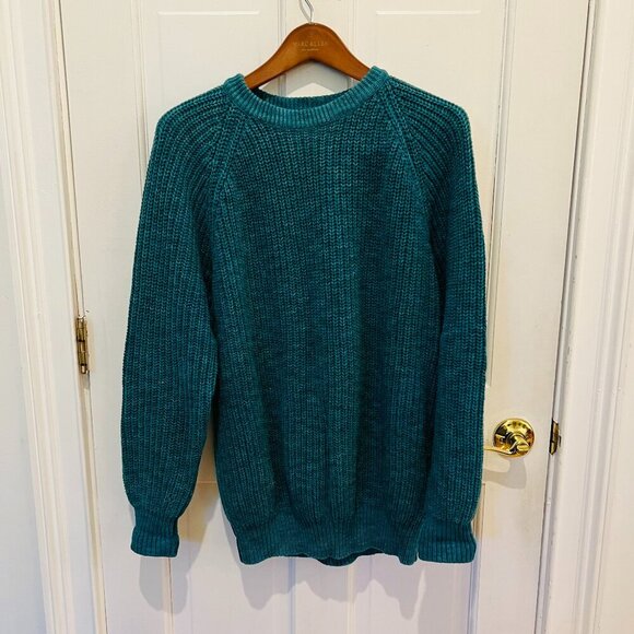 LL BEAN Sweater Heavy Cable Knit Jumper Pullover Cotton Green USA VTG Size L - Picture 1 of 16